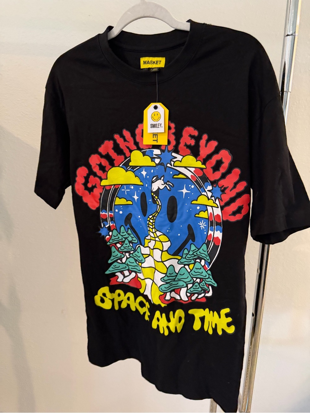 MARKET Black Graphic Tee - Space and Time Smiley Print